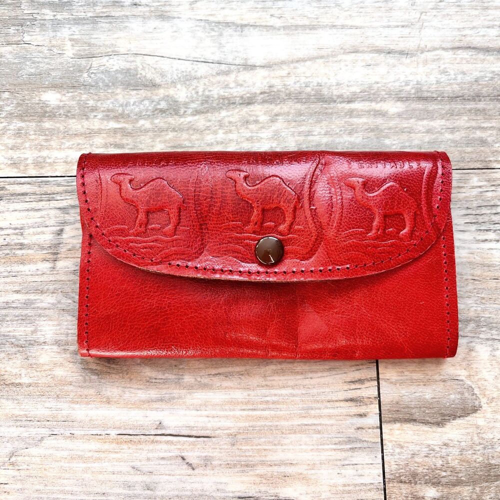 Vintage Red Embossed Leather Wallet Camel Motif Snap Closure Artisanal Boho West